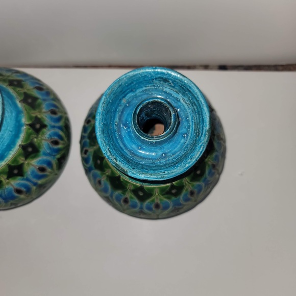 Bitossi Italy Console Bowl w/ Matching Candlestick Art Pottery Rimini blue Green - Picture 12 of 13